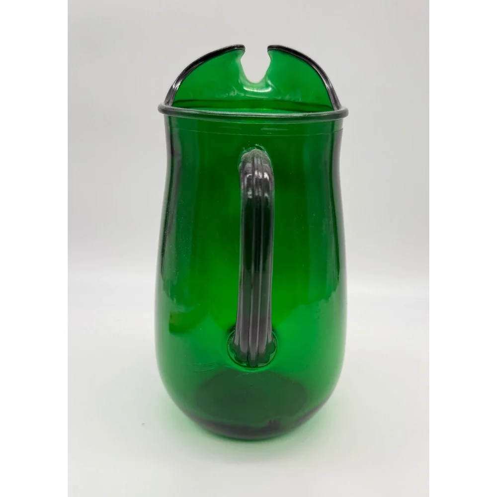 Vtg Anchor Emerald Green Glass Pitcher Ice Lip Ribbed Handle Mid Century 8.5
